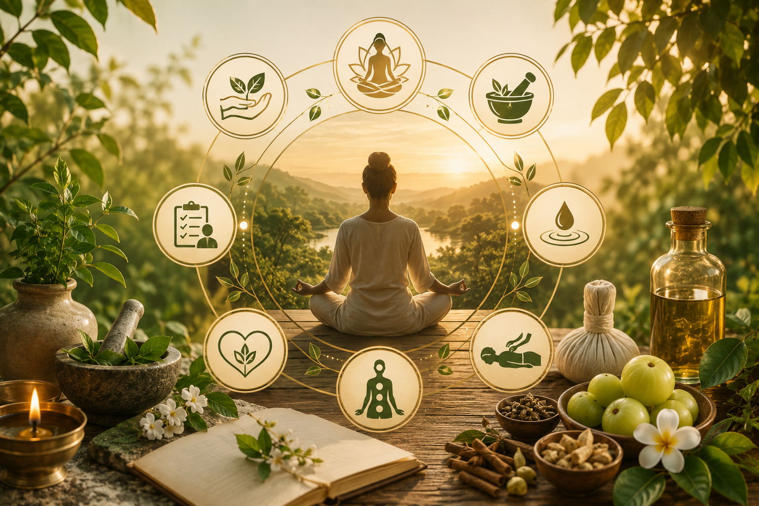 Ayurvedic philosophy — meditation, herbs, oils and traditional rituals in balance