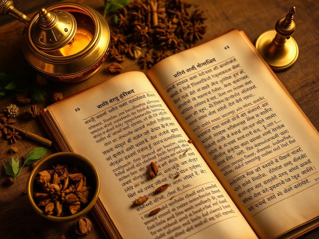 Ayurvedic manuscript with Sanskrit script beside traditional herbs