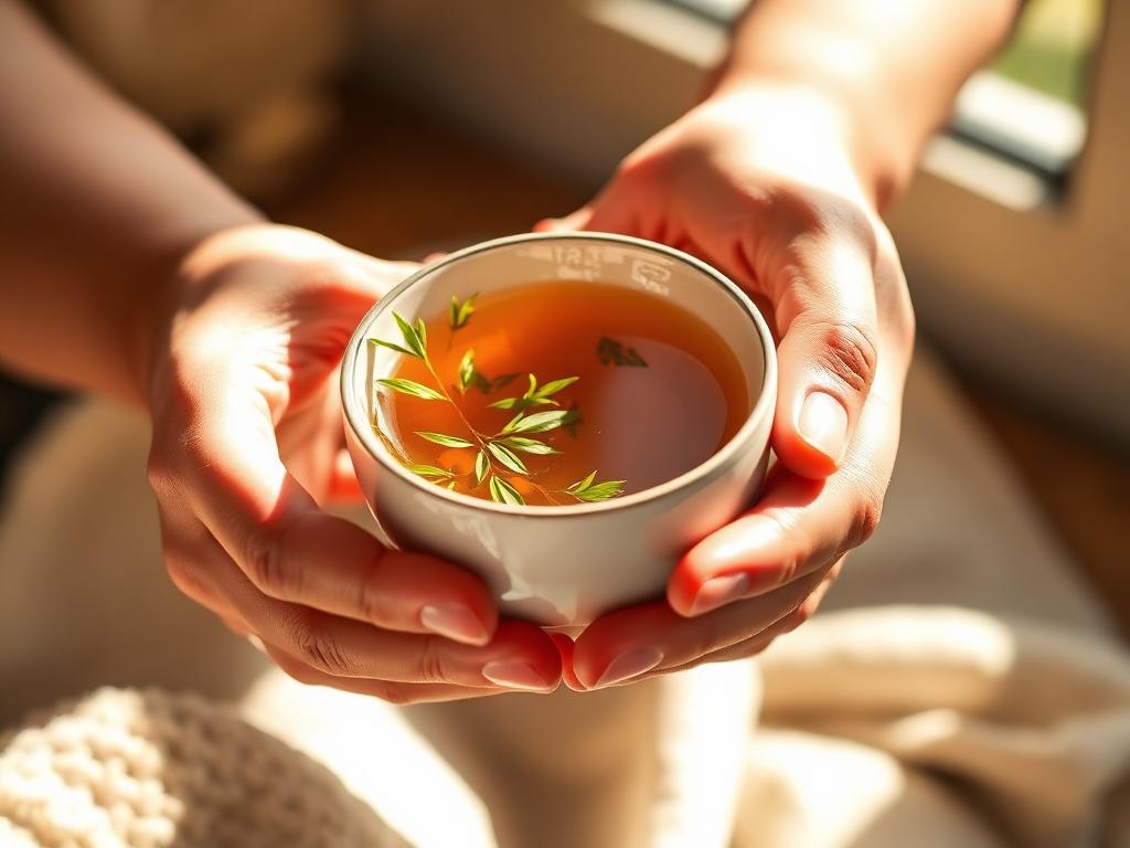 Two hands gently offering a warm cup of herbal tea