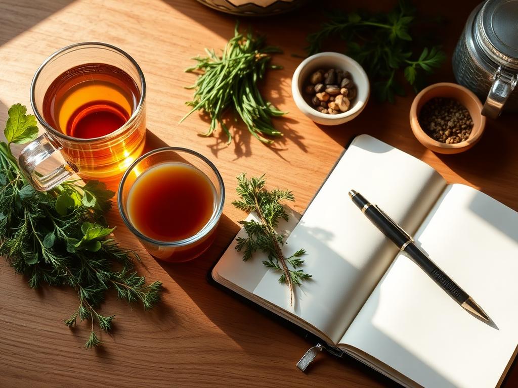 Notebook, herbal tea and fresh herbs arranged for lifestyle planning