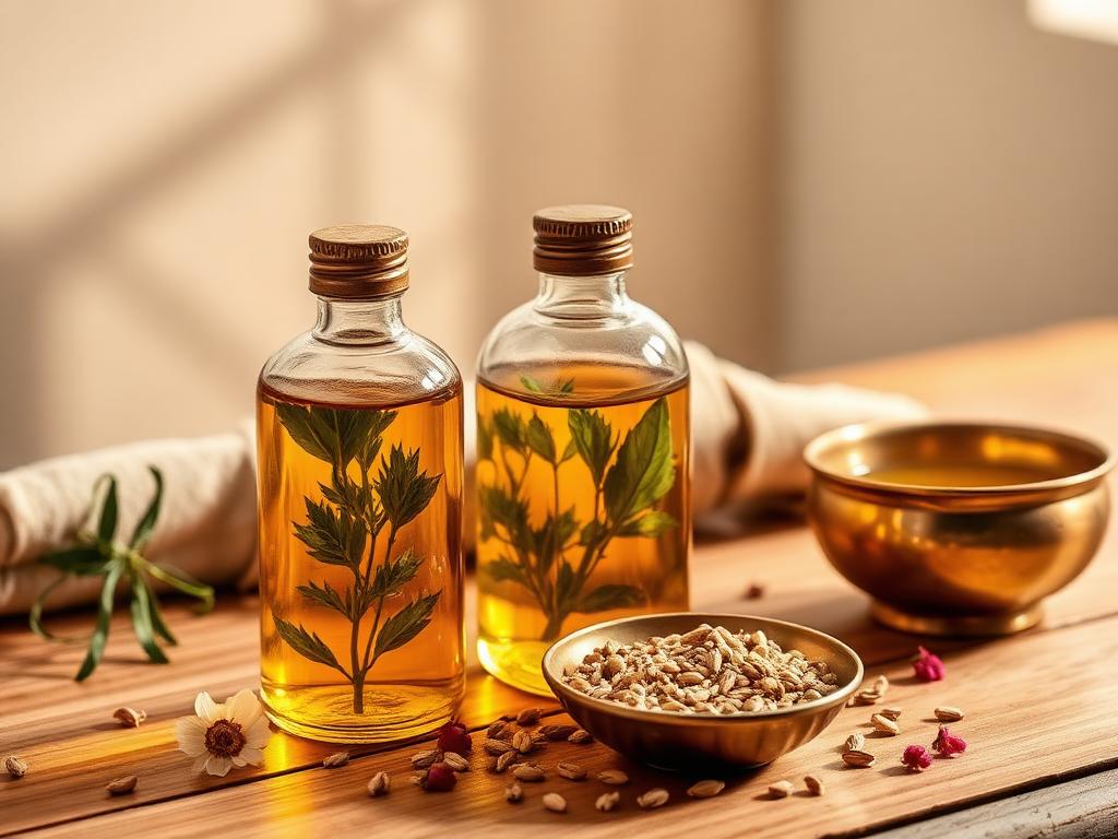 Bottles of golden Ayurvedic herbal massage oils on a wooden surface