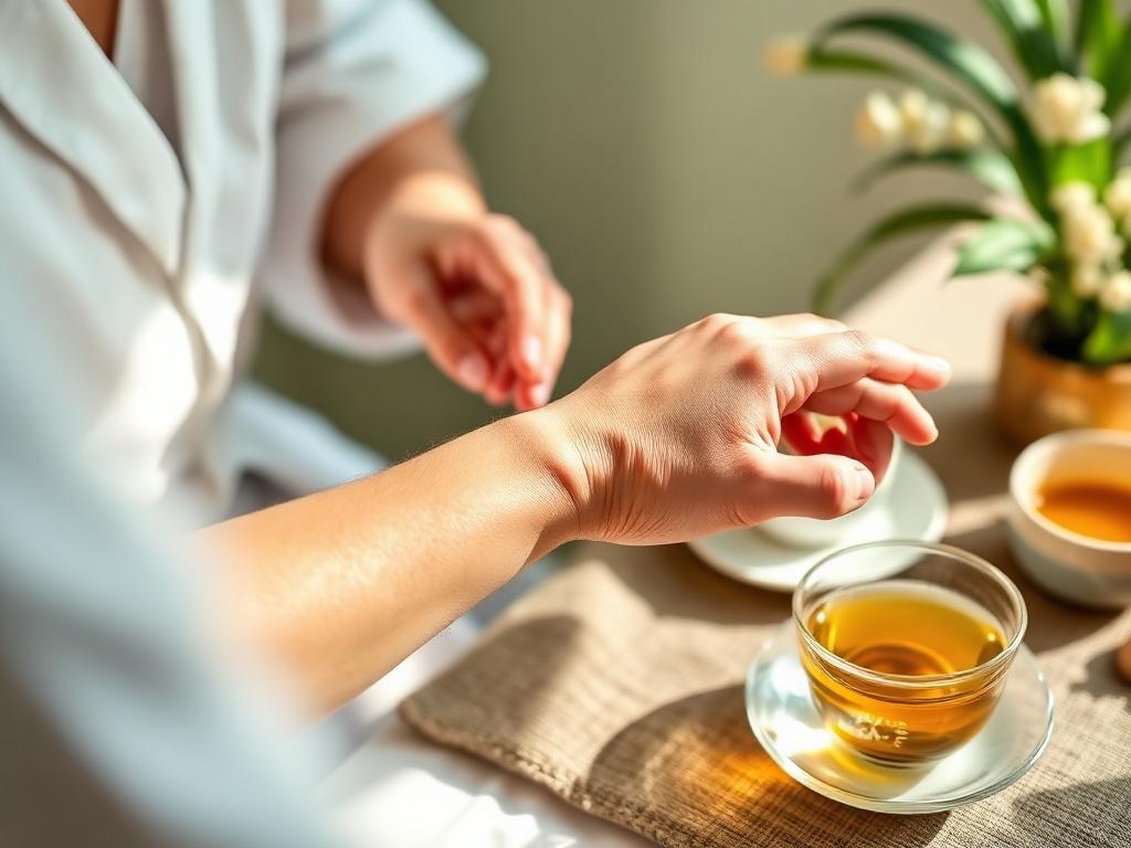 Practitioner reading a client's pulse during a personalised Ayurvedic consultation
