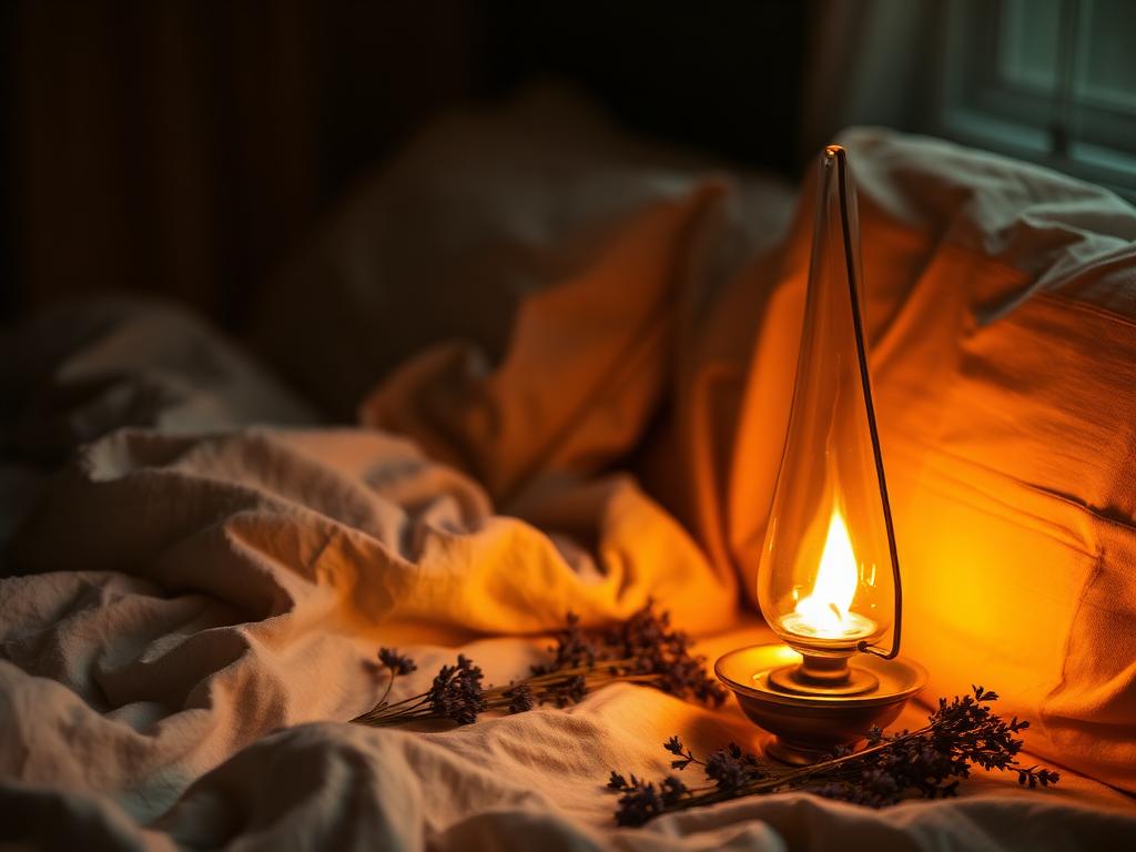 Warm oil lamp beside soft linen and dried lavender for restful sleep