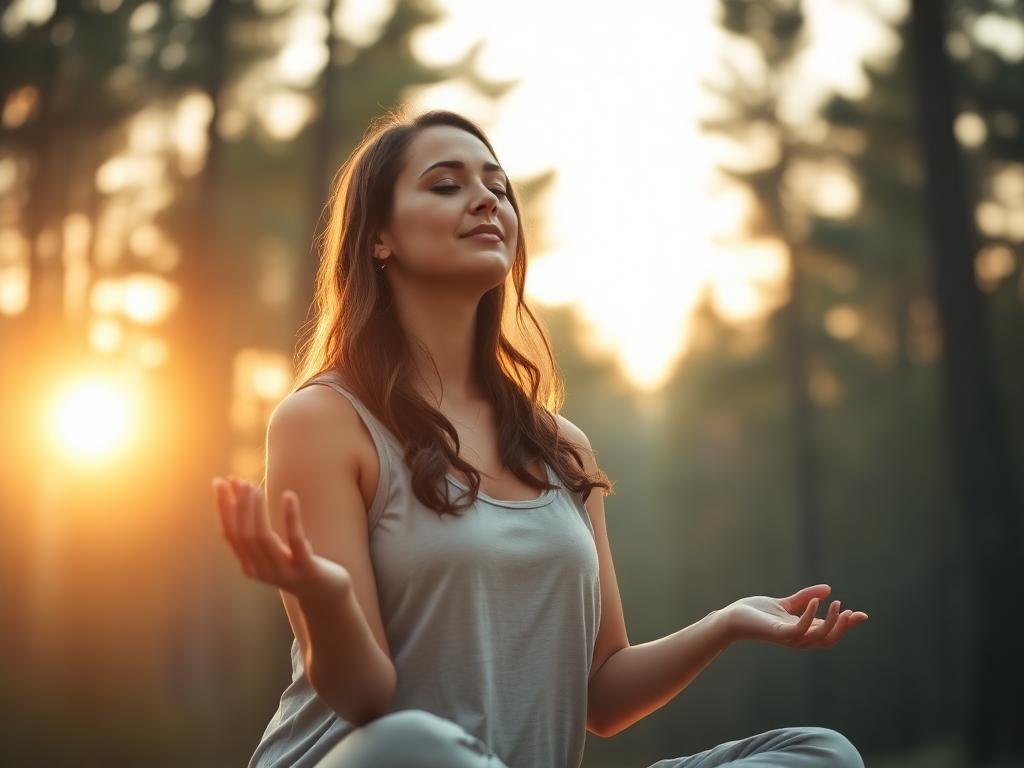 Woman meditating peacefully outdoors at sunrise