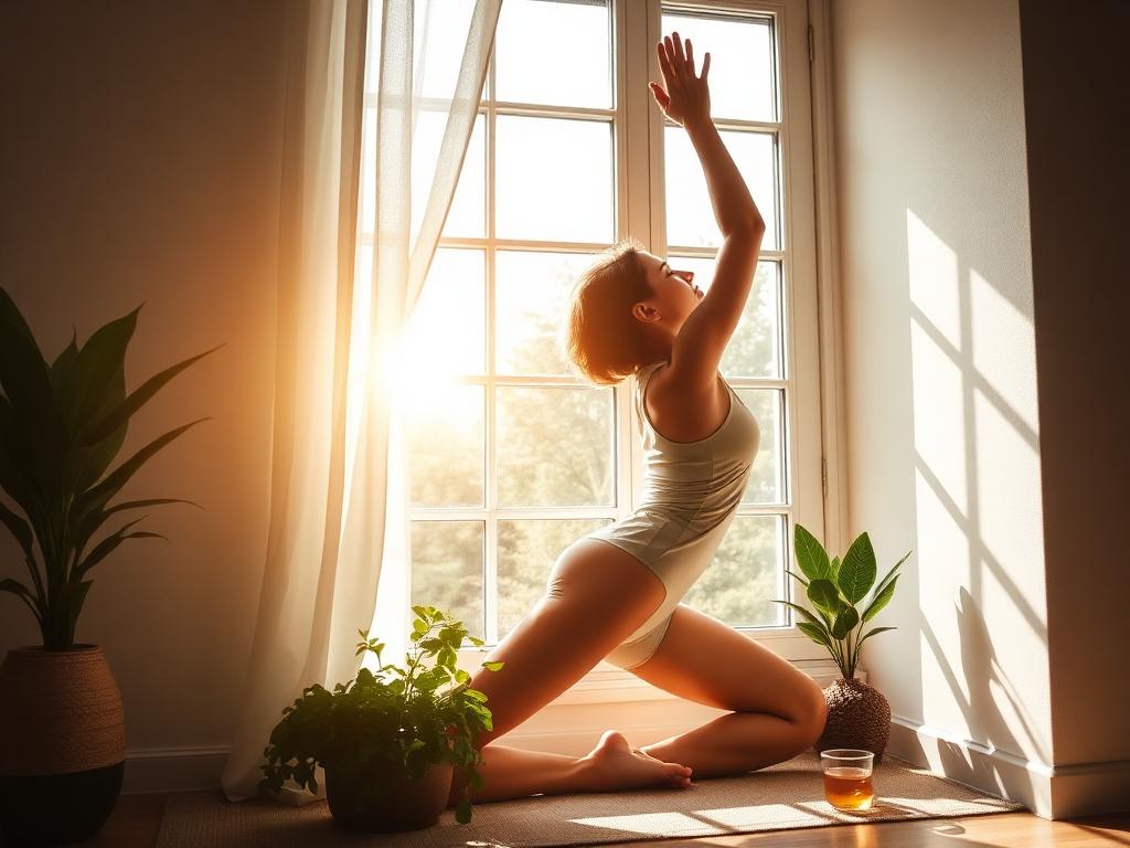 Woman practicing a gentle yoga stretch in warm morning light