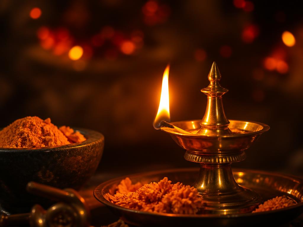 Glowing brass Ayurvedic oil lamp with turmeric and marigold — Pitta dosha